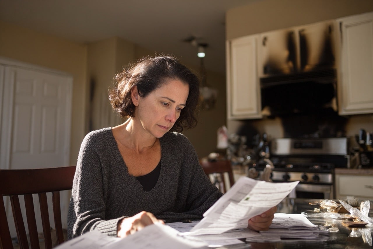 North Carolina homeowner reviewing fire damage insurance claim documents