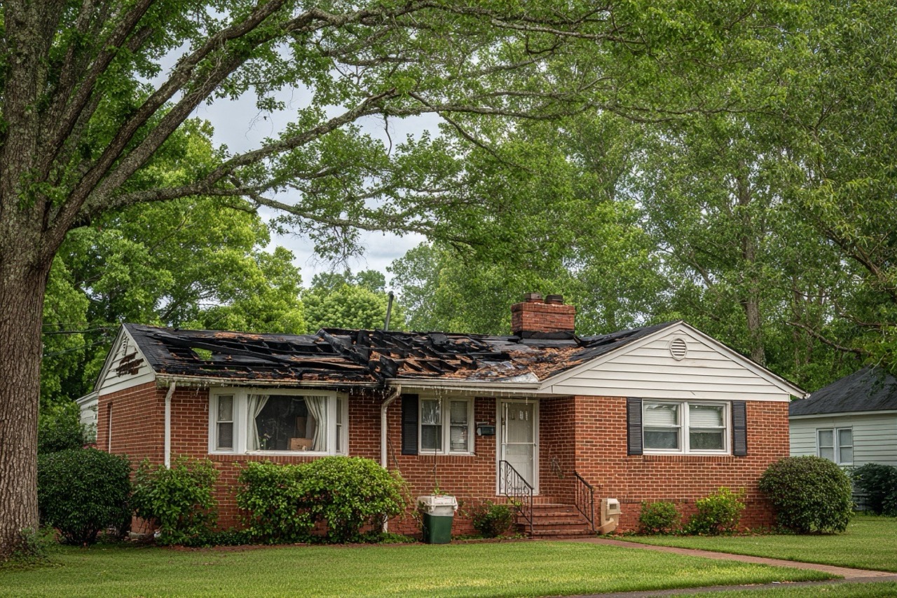 Fire damaged house exterior in North Carolina residential neighborhood