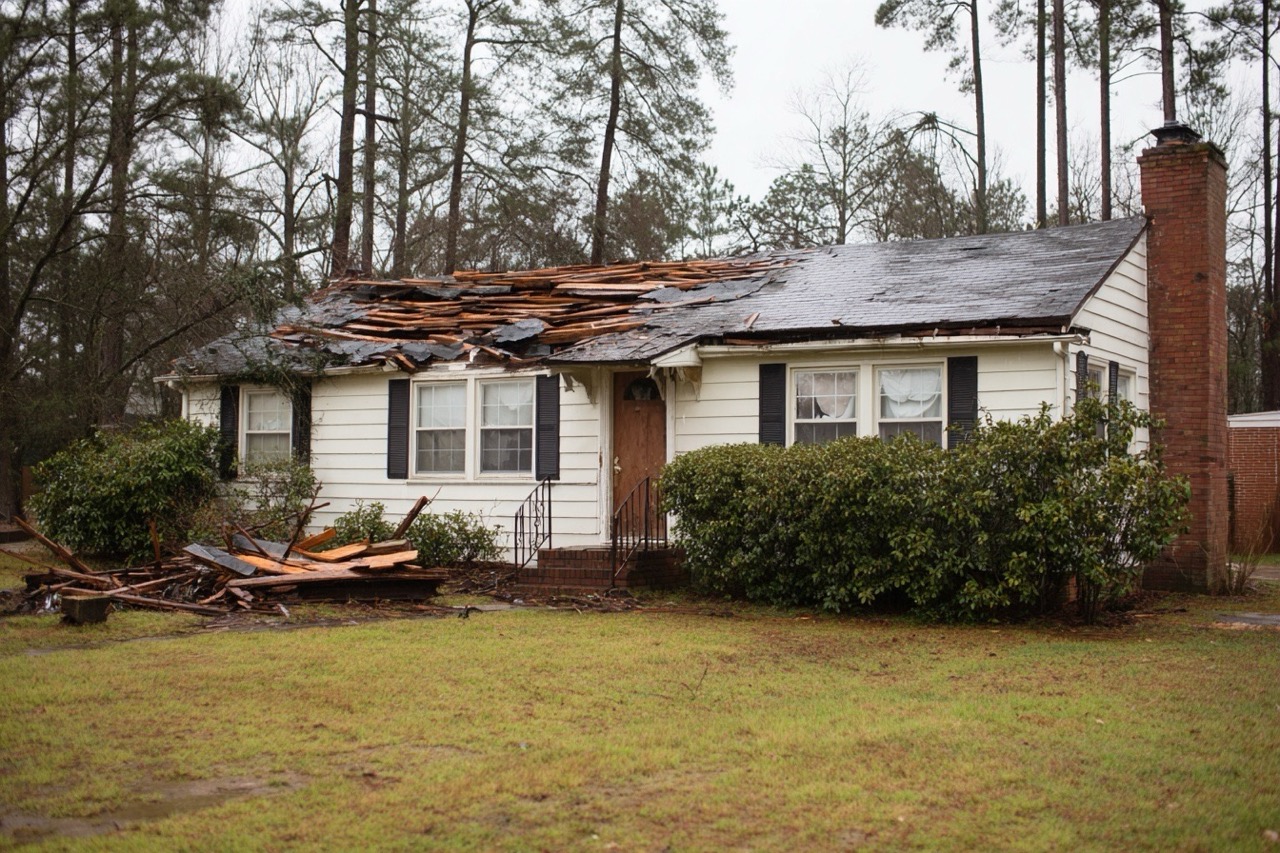 Hurricane damaged house exterior in North Carolina neighborhood