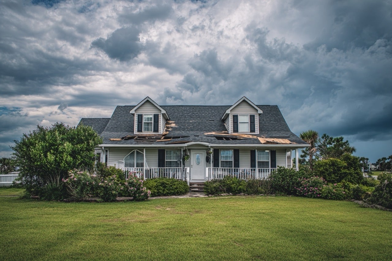 Storm damaged house in coastal North Carolina showing hurricane impact