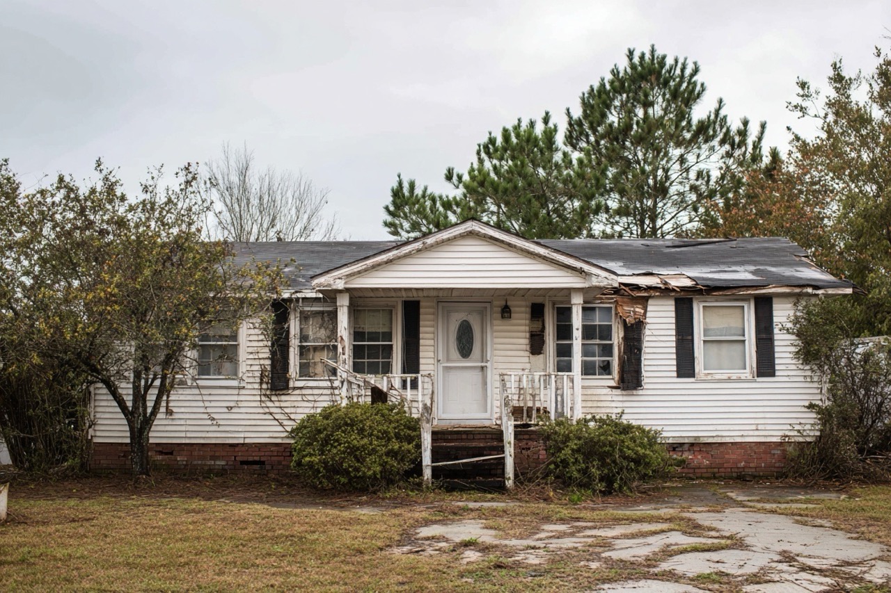 Weather damaged ranch style home in North Carolina requiring repairs